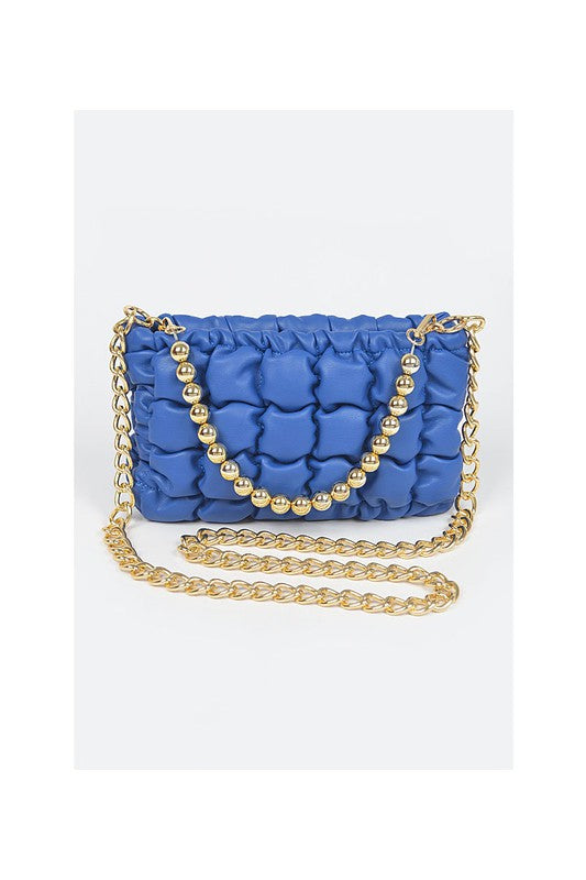 Blue Quilted Faux Leather Chain Shoulder Bag