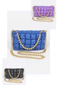 Blue Quilted Faux Leather Chain Shoulder Bag