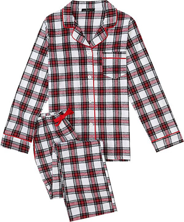 (Red-White-Black Plaid)2Pc Lightweight Flannel Womens Pajama Sets