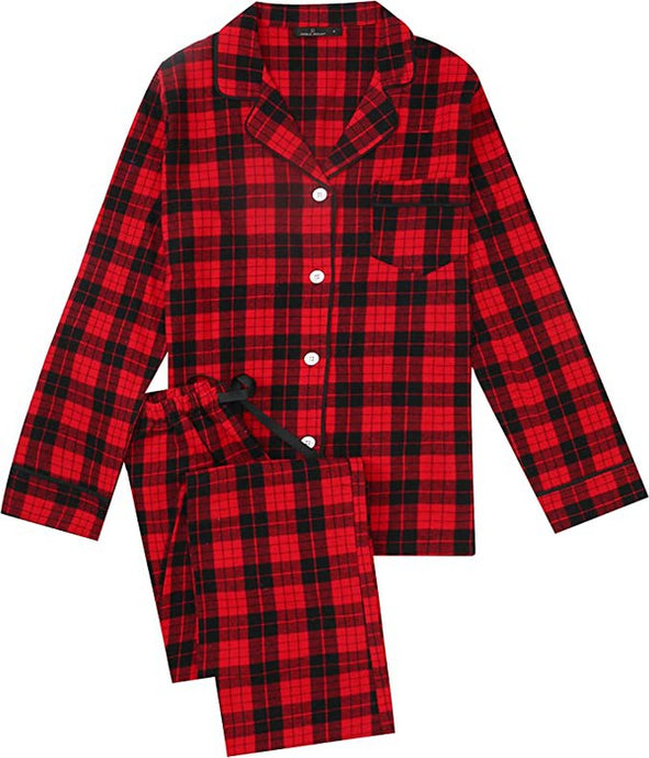 (Red-Black Tartan Plaid）2Pc Lightweight Flannel Womens Pajama Sets