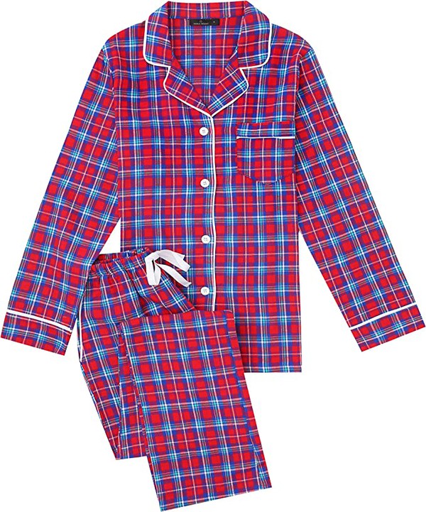 （Plaid Red-Blue)2Pc Lightweight Flannel Womens Pajama Sets