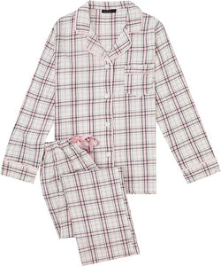 (Plaid Pink-White-Gray)2Pc Lightweight Flannel Womens Pajama Sets