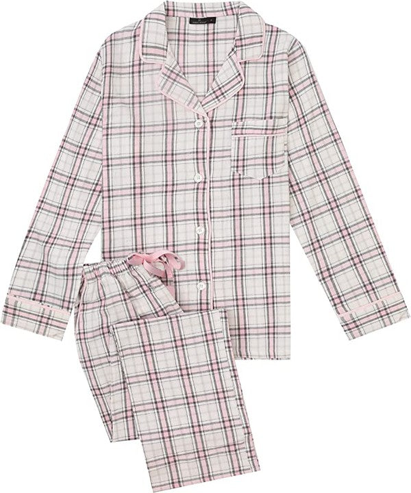 (Plaid Pink-White-Gray)2Pc Lightweight Flannel Womens Pajama Sets
