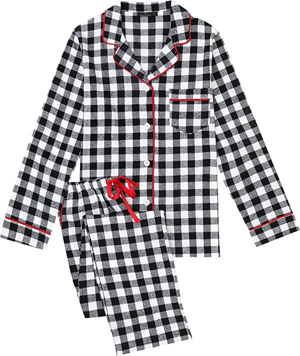 (Gingham Black-White)2Pc Lightweight Flannel Womens Pajama Sets