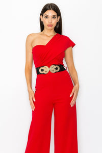 Red One Shoulder Jumpsuit With Belt