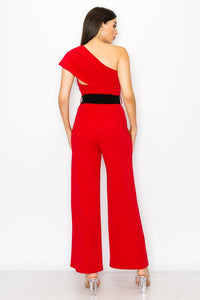 Red One Shoulder Jumpsuit With Belt