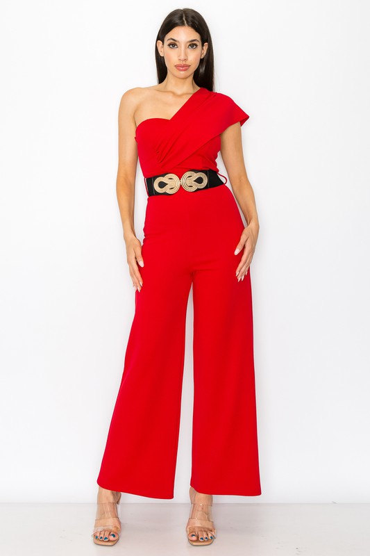 Red One Shoulder Jumpsuit With Belt