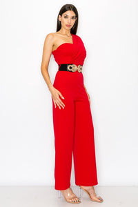 Red One Shoulder Jumpsuit With Belt