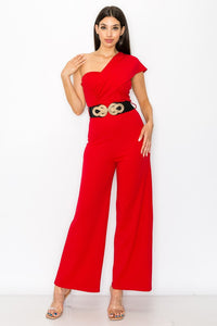 Red One Shoulder Jumpsuit With Belt