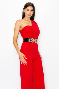Red One Shoulder Jumpsuit With Belt