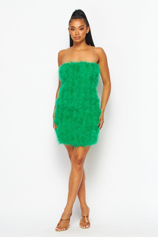 Green Feather Dress With Adjustable Chain Strap