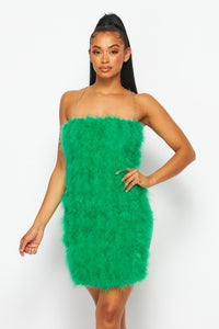 Green Feather Dress With Adjustable Chain Strap
