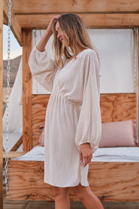Ivory Ribbed Deep V-neck Long Sleeve Dress