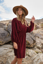 Red Ribbed Deep V-neck Long Sleeve Dress