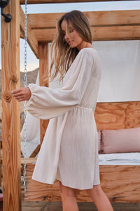 Ivory Ribbed Deep V-neck Long Sleeve Dress