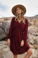 Red Ribbed Deep V-neck Long Sleeve Dress