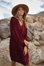 Red Ribbed Deep V-neck Long Sleeve Dress