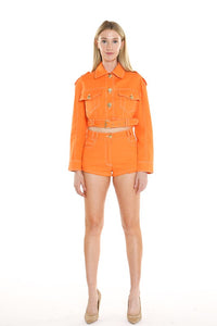 Orange Cropped Denim Jacket & Shorts Set