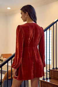 Rust Velvet Deep V-neck Mini Dress