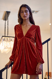 Rust Velvet Deep V-neck Mini Dress