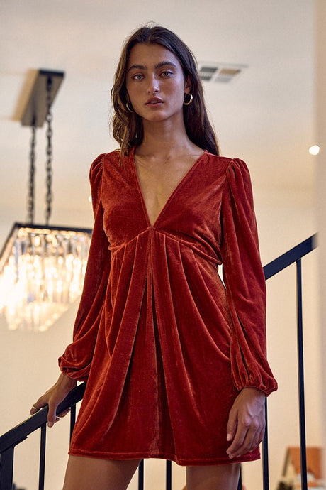 Rust Velvet Deep V-neck Mini Dress
