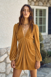 Gold Velvet Deep V-neck Mini Dress