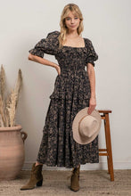 Black Square Neck Puff Sleeve Midi Dress