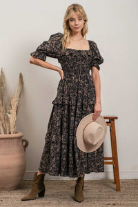 Black Square Neck Puff Sleeve Midi Dress