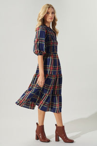Navy-Plaid Lakeview Plaid Smocked Tiered Midi Dress