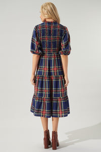 Navy-Plaid Lakeview Plaid Smocked Tiered Midi Dress
