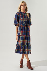 Navy-Plaid Lakeview Plaid Smocked Tiered Midi Dress