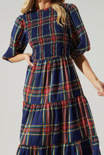 Navy-Plaid Lakeview Plaid Smocked Tiered Midi Dress
