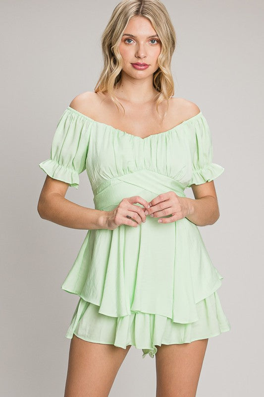 Sage Mint Off-Shoulder Tie Back Romper