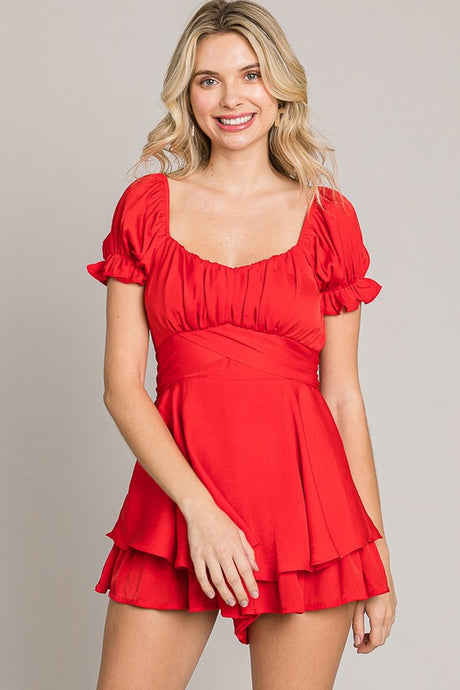 Red Off-Shoulder Tie Back Romper
