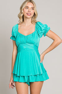 Aqua Blue Off-Shoulder Tie Back Romper