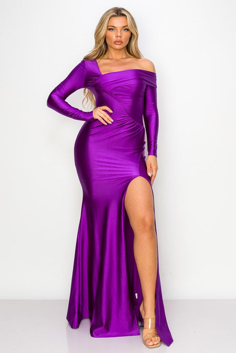 Purple One Off-Shoulder Long Sleeve Slit Maxi Dress
