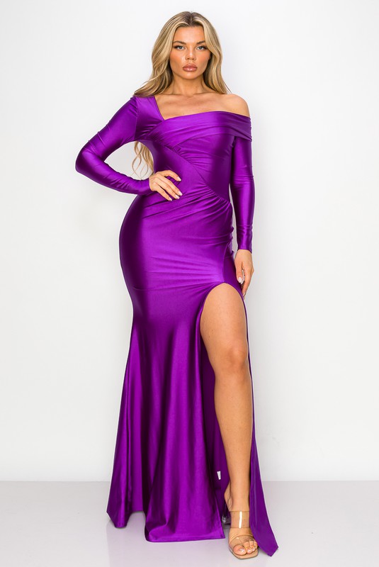 purple long sleeve off the shoulder dress Lace Long Sleeves Off Shoulder Satin Split Dress