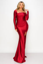 Burgundy One Off-Shoulder Long Sleeve Slit Maxi Dress