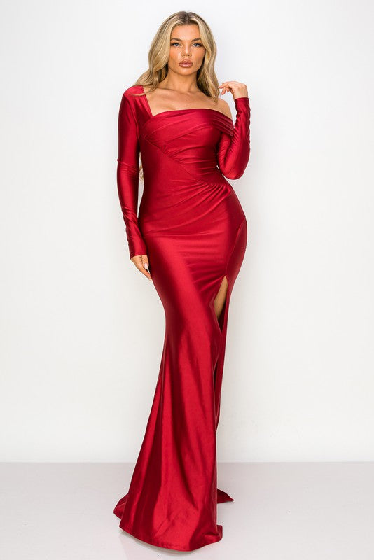 Burgundy One Off-Shoulder Long Sleeve Slit Maxi Dress