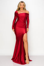 Burgundy One Off-Shoulder Long Sleeve Slit Maxi Dress