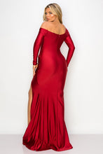 Burgundy One Off-Shoulder Long Sleeve Slit Maxi Dress