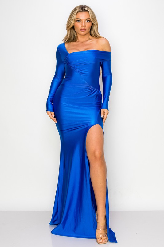 Royal One Off-Shoulder Long Sleeve Slit Maxi Dress