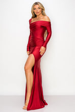 Burgundy One Off-Shoulder Long Sleeve Slit Maxi Dress