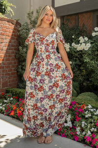 Ivory Print Short Puff Sleeve Maxi