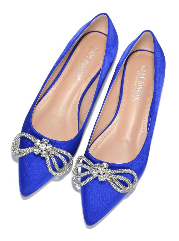 Blue Womens Rhinestone Bow Pointy Toe Slip On Flats