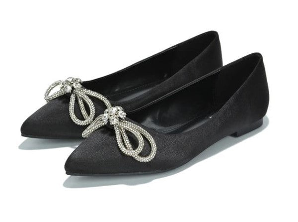 Black Womens Rhinestone Bow Pointy Toe Slip On Flats