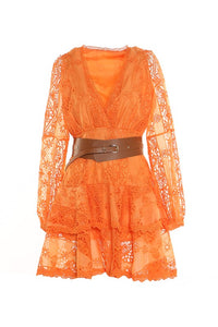 Orange Lace Mini Dress With Faux Leather Belt