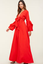 Red V Neck Tie Up Maxi Dress
