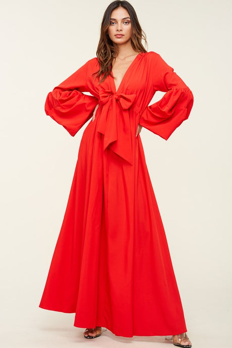 Red V Neck Tie Up Maxi Dress