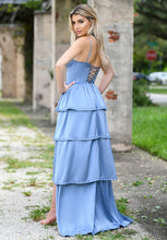 Dusty Blue Sexy Wrap Chest Suspenders Cake-shaped Long Dress